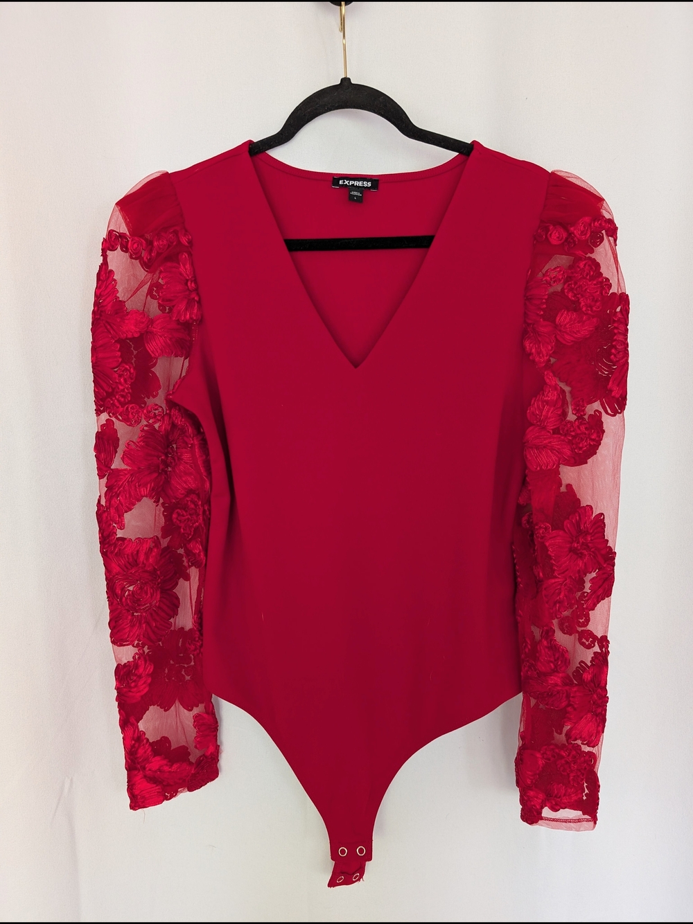 Express Red V-Neck Floral Appliqué Sleeve Bodysuit